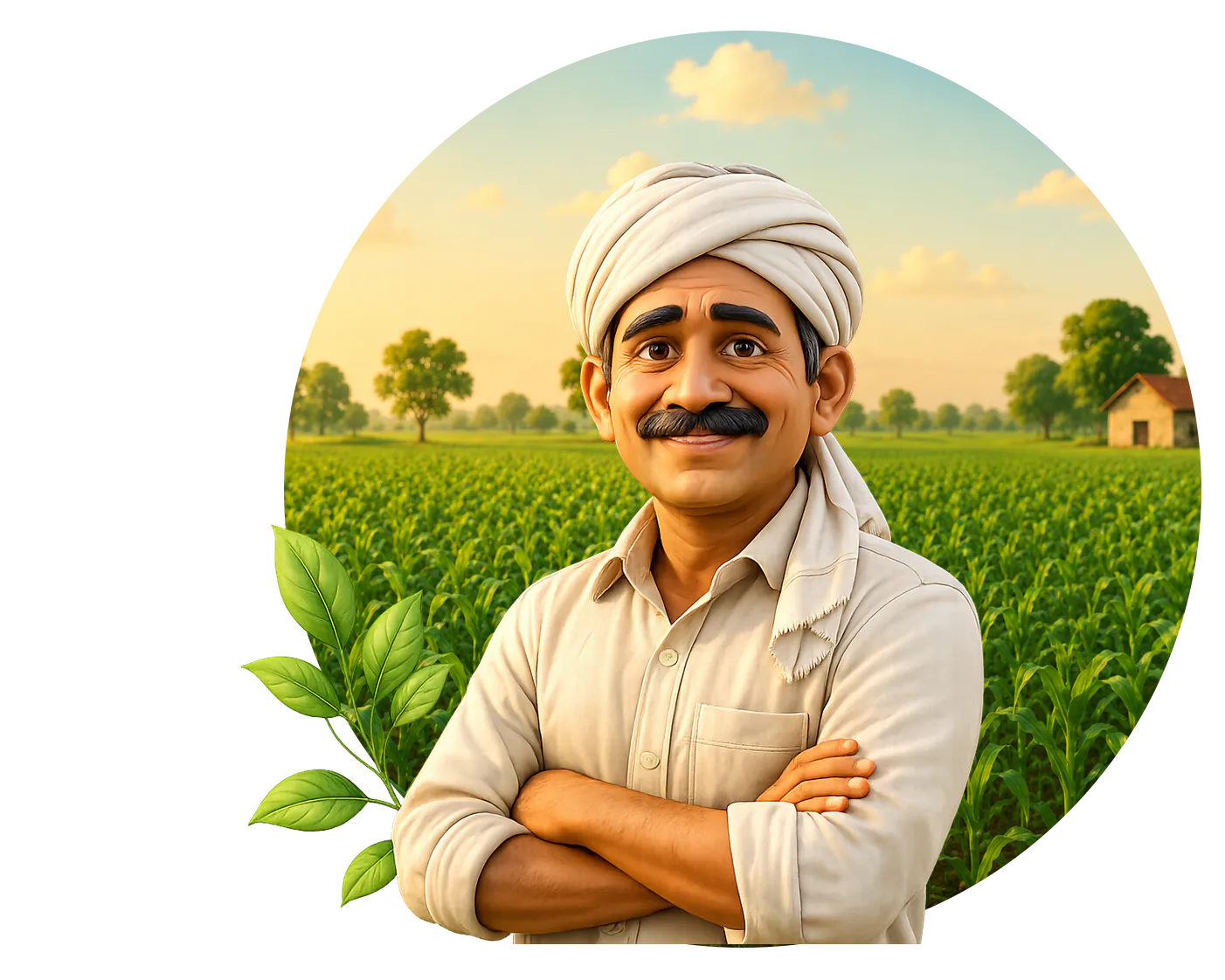 A friendly Indian farmer standing in front of a circular field view