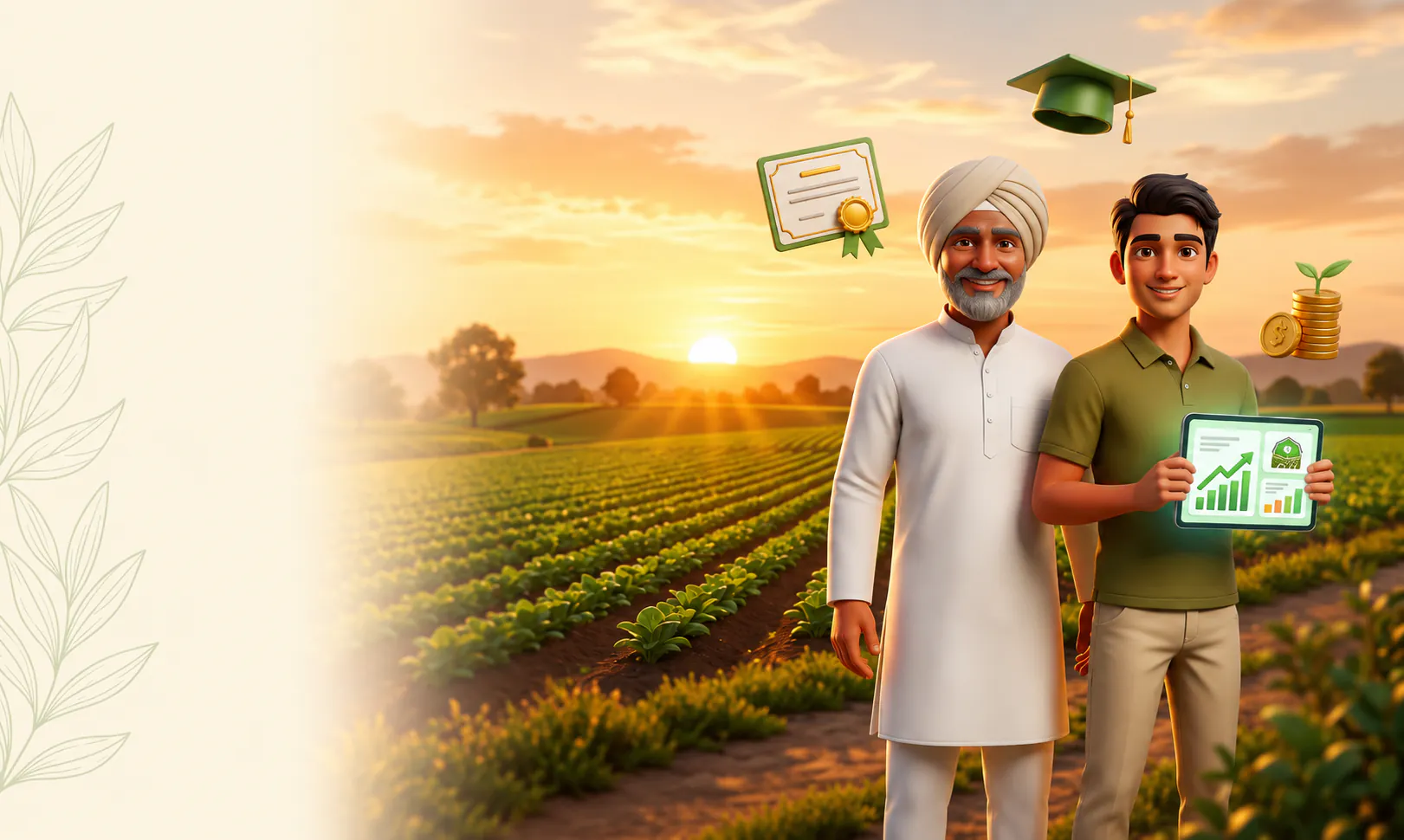 An Indian farmer and a young agronomist in a field at sunrise with certification, graduation and growth icons